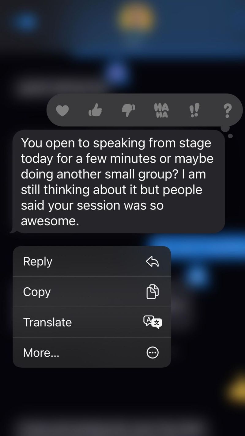 iMessage screenshot of an event host inviting Ayman to speak from stage, saying his session was so awesome