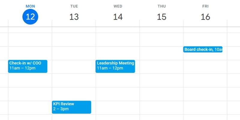 A clean weekly calendar showing only a few key meetings: a COO check-in, leadership meeting, KPI review, and board check-in