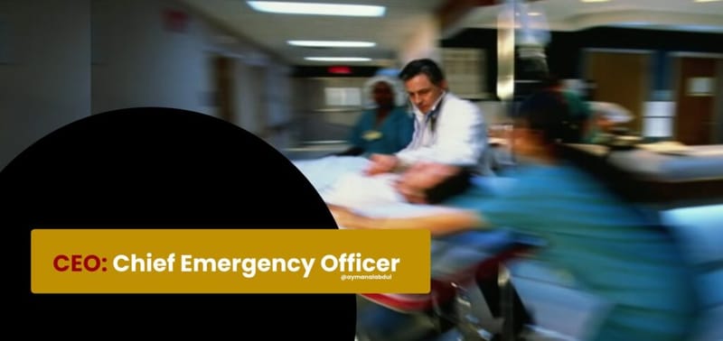 Meme captioned CEO: Chief Emergency Officer over a blurred hospital emergency room with a doctor rushing a patient on a gurney
