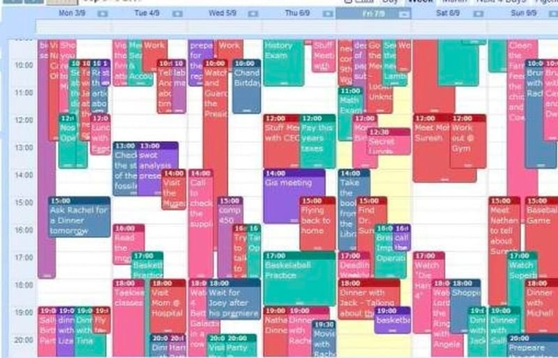 An overloaded weekly calendar packed wall-to-wall with color-coded back-to-back appointments
