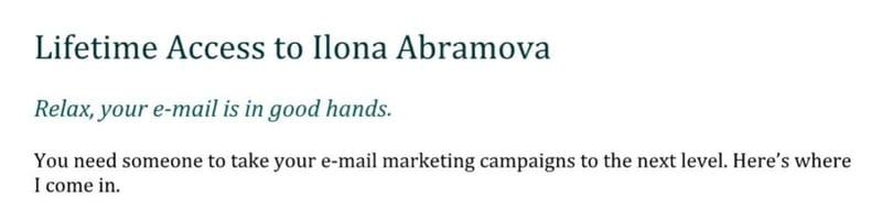 Excerpt from Ilona Abramova's cover letter headed Lifetime Access to Ilona Abramova, with the line Relax, your e-mail is in good hands