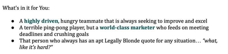 A What's in it for You section of the cover letter listing the candidate's traits as highly driven and a world-class marketer