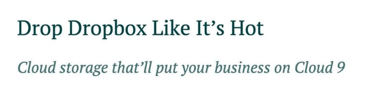 A playful cover-letter heading reading Drop Dropbox Like It's Hot with the subhead Cloud storage that'll put your business on Cloud 9