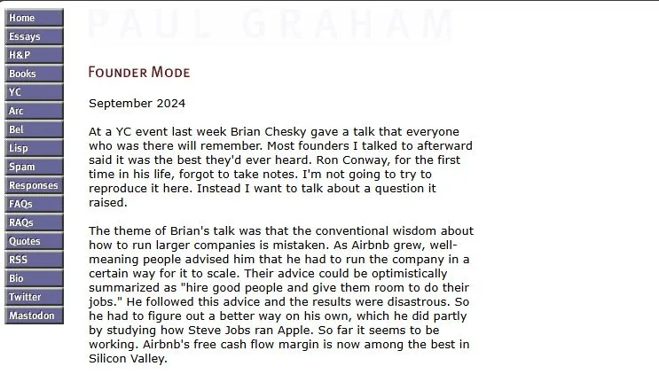 Screenshot of Paul Graham's 2024 essay titled Founder Mode